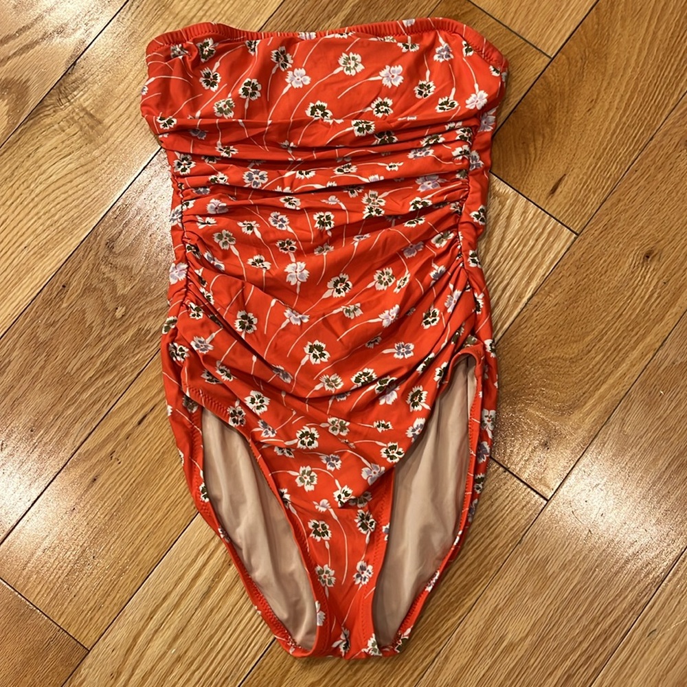 J. Crew Strapless Floral One-Piece Swimsuit in Coral-Orange
